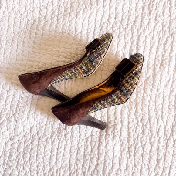 Coach Naomi Tweed Boucle  Plaid Suede Brown Velvet Bow Heels - Picture 12 of 12